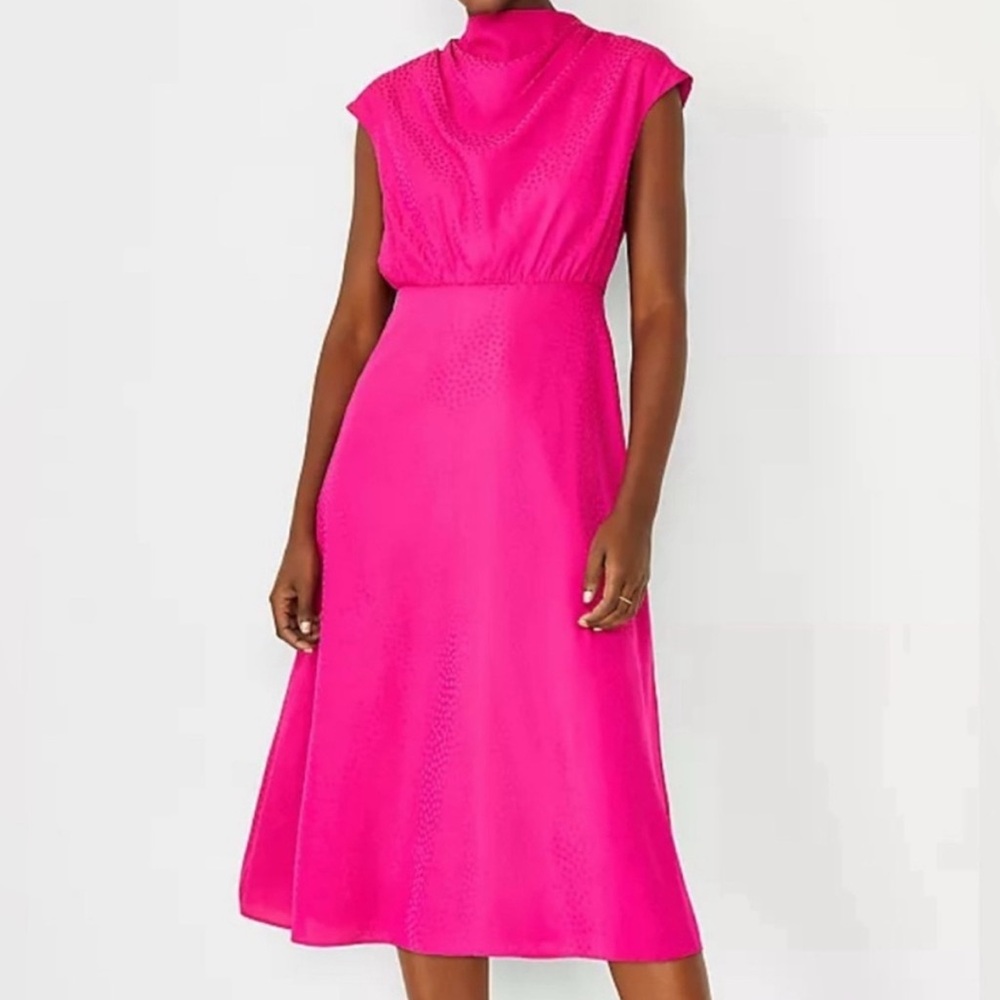 Ann Taylor Pink Paloma Dot Mock Neck Flare Dress